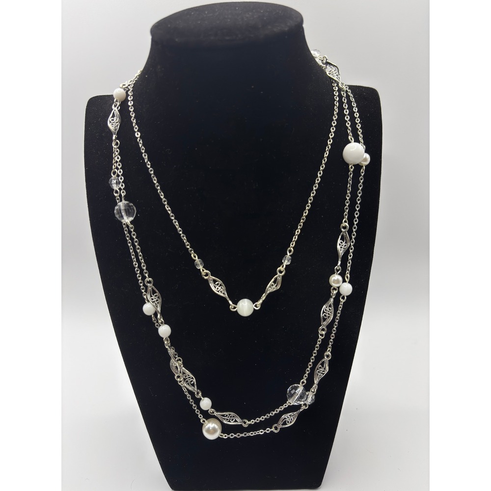 Candie's‎ Station Necklace Womens 38" Silver White Faux Pearl Filigree Beaded
